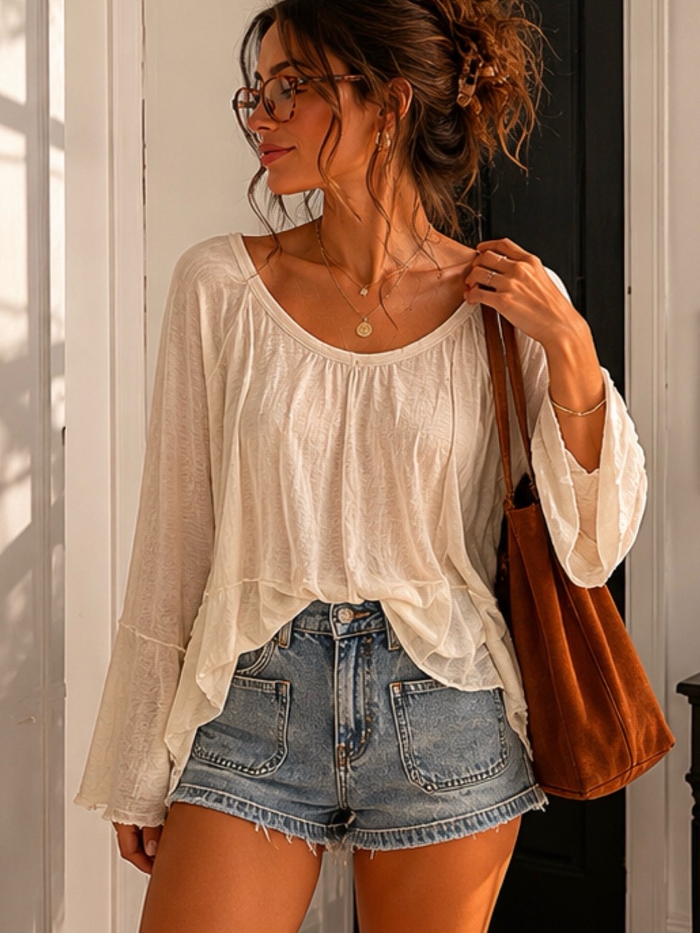 LARGE Style & Co. Cream Long Sleeve Bohemian Top